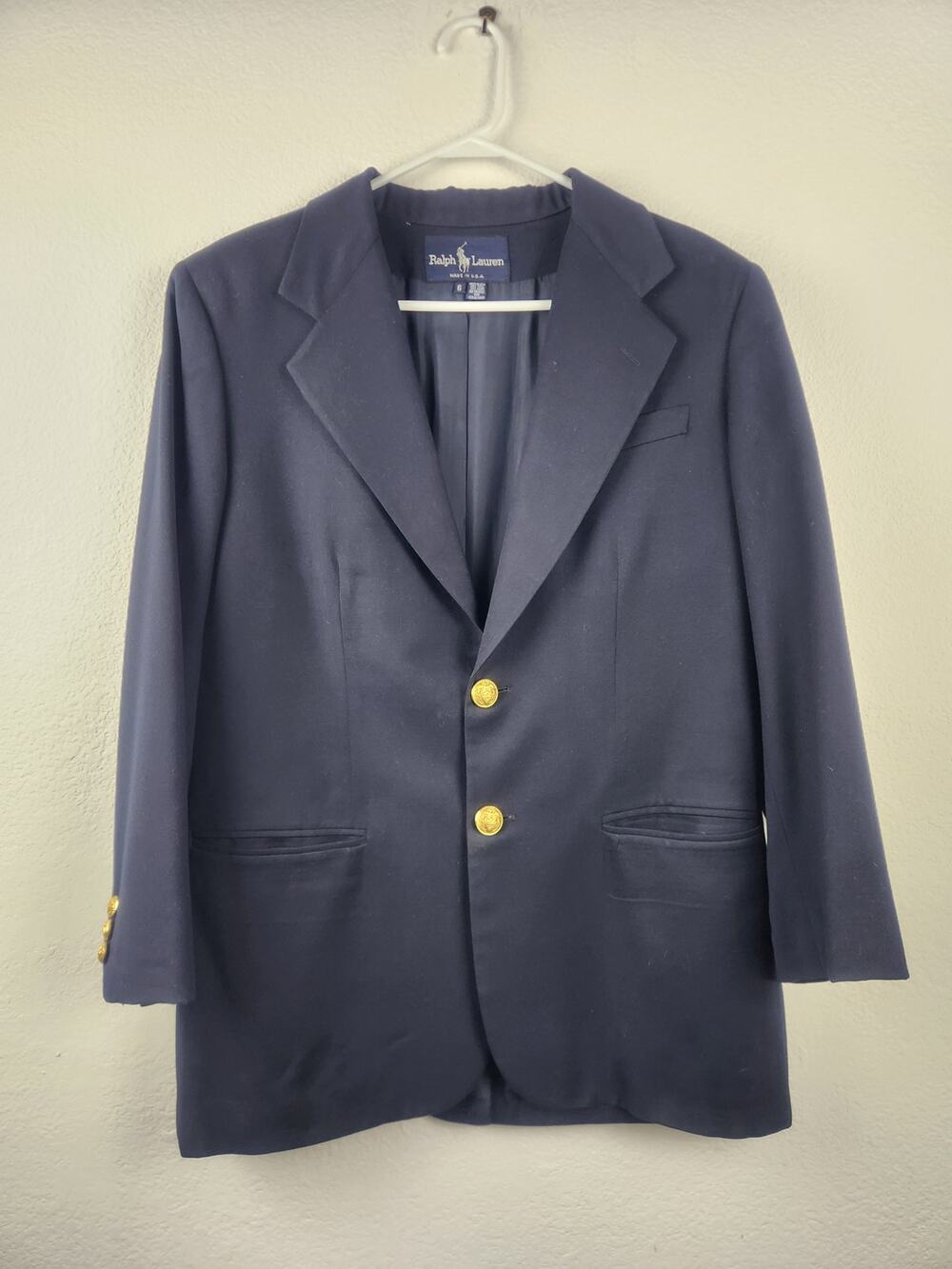 Vintage Ralph Lauren Blazer Dark Blue Size 6 100% Wool 2 Buttons Made in USA
